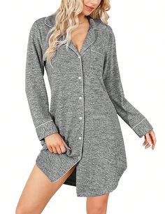 Nightgowns For Women Long Sleeve Button Down Sleep Shirts Boyfriend Nightshirt Nursing Pajamas Sleepwear Grey Casual-Young  Long Sleeve  Plain,Textured Pattern Nightgowns Medium Stretch Spring/Fall Women Sleep & Lounge, size features are:Bust: ,Length: ,Sleeve Length: Sleep Dress Nightgowns, Button Down Sleep Shirt, Nursing Pajamas, Top And Pants Set, Nightgowns For Women, Sleep Shirt, Nightgowns, Night Shirt, Sleepwear Women