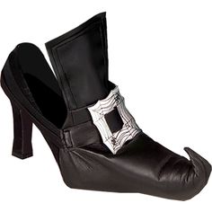 a pair of black high heeled shoes with silver buckles