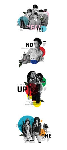 a series of posters with different types of people on them, all in different colors and sizes