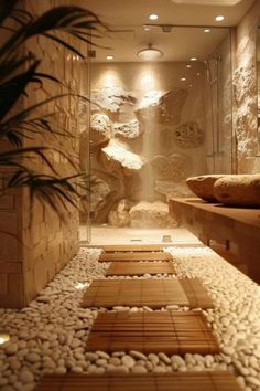 a very nice looking bathroom with some rocks in it