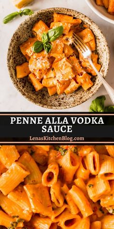 penne alla vodka sauce in a bowl with pasta and basil leaves on the side