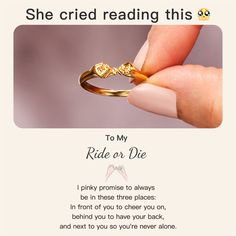 a person holding a gold ring with the words to my ride or die on it