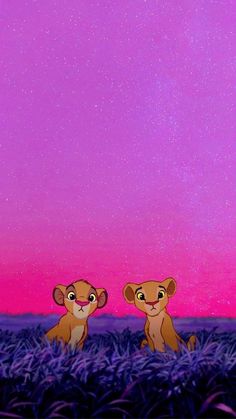 two lion cubs sitting in the middle of a field under a purple and pink sky