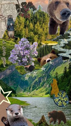 a collage of animals and trees with mountains in the background, including an eagle