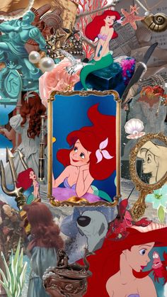 the little mermaid is surrounded by other disney characters