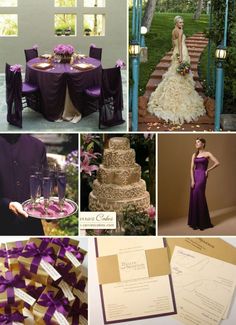 a collage of photos with purple and gold wedding colors, including the bride's dress