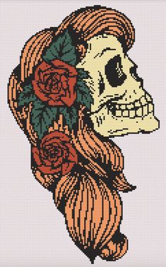 a cross stitch skull with roses on it's head and the words, day of the dead