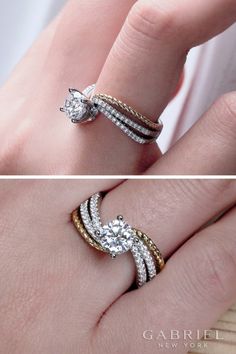 two different views of a woman's engagement ring with diamonds on top and bottom