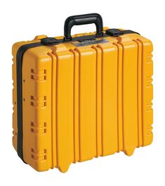 a yellow case with black handles is shown