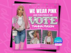 a pink poster with two photos of the same woman