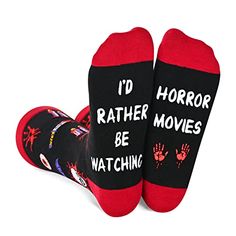 I'D RATHER BE SOCKSHalloween socks men, movie socks for men, movie socks for women. There is an interesting proverb at the bottom of our film socks: “I'D BE WATCHING HORROR MOVIES”. Decorated with candles, daggers, skulls, eyes and blood palm prints, the atmosphere of horror is self-evident.SIZE & PACKINGNovelty movie night gift, movie lover gifts, gifts for movie buffs. One size fits most: the unisex design is suitable for most men’s US sizes 6-13 and most women’s US sizes 7 and above.QUALI Funny Letter Print Socks As Gift, Funny Letter Print Socks Gift, Fun Black Socks As Gift, Watching Horror Movies, Iconic Movie Quotes, Palm Prints, Poker Gifts, Movie Night Gift, Movie Gifts