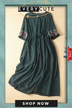 Cotton and Linen Long Loose Dress Bohemian Green Dresses With Buttons, Casual Green Knee-length Vintage Dress, Casual A-line Midi Dress With Floral Embroidery, Casual Green Midi Dress With Floral Embroidery, Casual Green Dress With Floral Embroidery, Long Loose Dress, Loose Dress, The Picture, Women's Fashion Dresses