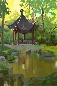 a painting of a person sitting on a bench in front of a gazebo and pond