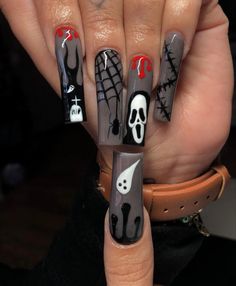 Long Halloween acrylic nails gray with ghost and spider webs Black Ghost, Halloween Fest, Long Press On Nails, Nail Art At Home, Nagel Tips, Coffin Press On Nails, Halloween Nail