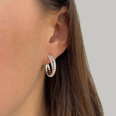 White gold bypass hoop earring on woman's ear Diamond Bali, Pave Ear Cuff, Triple Layer Necklace, Triple Hoop Earrings, Earrings White Gold, Medium Hoop Earrings, Bar Pendant Necklace, Bar Pendant, Large Hoop Earrings