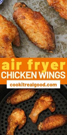 air fryer chicken wings are being cooked in an air fryer with text overlay that reads, air fryer chicken wings