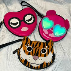 Brand New Tiger= Eyes Are Jeweled Heart= 2 Sided With Card Slots Pink Bear=Opens Half Way Trendy Pouch Wristlet, Trendy Pink Wristlet For Everyday, Trendy Clutch Wristlet For Gift, Trendy Multicolor Clutch Wristlet, Dog Collar Charms, Betsey Johnson Wallet, Bow Clutch, Tiger Eyes, Cat Glasses