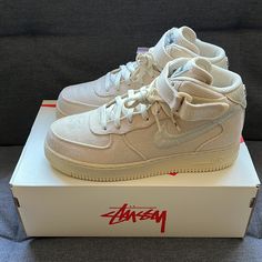 Nike Air Force 1 Mid Stussy Fossil Sail Mens Size 7 / Womens 8.5 Dj7841-200 Item From A Smoke-Free And Pet-Free Home Stussy Air Force, Stussy Shoes, Stussy Fossil, The Bed, Nike Air Jordan Mid, Nike X Stussy, Tiffany Blue Nike, Nike Stussy, Shoes Nike Air Force