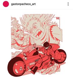 a drawing of a man driving a red motorcycle