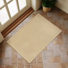 a door mat on the floor next to a potted plant