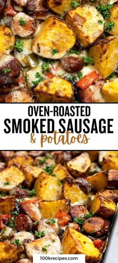 oven roasted smoked sausage potatoes with parsley on top and an image of the same side dish