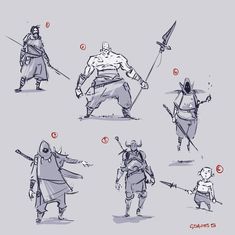 the concept art for an animated character is shown in several different poses, including swords and armor