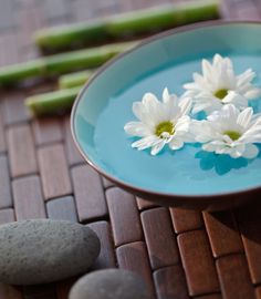 some white flowers in a blue bowl with rocks on the ground next to it and bamboo sticks