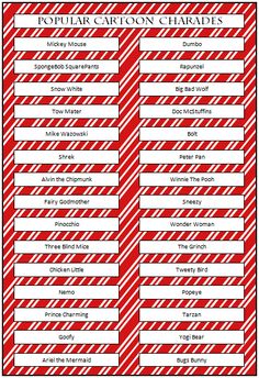 a red and white candy cane christmas party game with the words popular cartoon characters on it