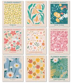 six flower market cards with different flowers on them