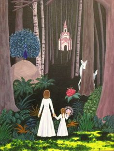 a painting of two children holding hands in the woods with trees and flowers around them