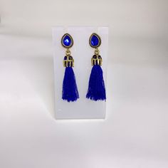 Vintage Style Earrings With Blue Tassel Blue Rhinestones Alloy Blue Earrings With Latkans For Gift, Blue Drop Earrings With Latkans, Blue Dangle Earrings With Latkans, Blue Latkan Drop Earrings, Elegant Blue Tassel Earrings As Gift, Blue Dangle Tassel Earrings As Gift, Blue Tasseled Jewelry As Gift, Blue Tassel Jewelry As Gift, Elegant Blue Tassel Earrings For Gift