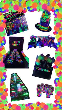 neon glow party supplies including cake, cupcakes, and candy bar signs are arranged in a colorful frame