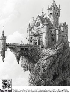 a drawing of a castle sitting on top of a cliff with a bridge over it