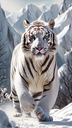 a white tiger running through the snow in front of some trees and mountain range behind it