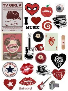 various stickers and decals are arranged in the shape of an apple, heart, music note, guitar, eyeglasses