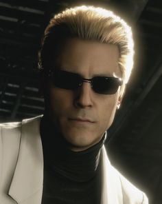 a man wearing sunglasses and a black turtle neck sweater is staring at the camera in front of a dark background