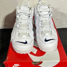 6y Nike More Uptempo Gs White Casual White Low-top Basketball Shoes, Casual White High-top Sneakers For Light Sports, White Low-top Casual Basketball Shoes, Casual White Basketball Shoes For Streetwear, White Synthetic High-top Sneakers With Air Max Cushioning, White Basketball Shoes With Air Cushioning For Streetwear, Casual White Basketball Shoes With Air Cushioning, Casual Basketball Shoes With Air Cushioning And White Sole, Nike White High-top Sneakers With Cushioned Footbed