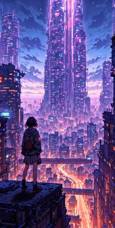 Anime Cityscape Wallpaper, City Lights Anime, Cyberpunk City Background, Cyberpunk Cityscape, Anime Purple Hair, Cityscape Wallpaper, Fantasy Wallpaper, Vaporwave Wallpaper, Dreamy Artwork