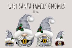 three gnomes with hats and beards are standing in front of the words grey santa family gnomes