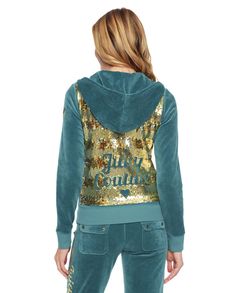 Large View-Deep Petrol Juicy Couture Logo, Velour Jacket, Strap Pants, Couture Tops, Gold Sequins, 2000s Fashion, Juicy Couture, Sequin