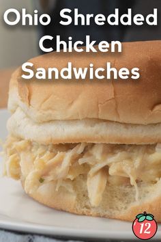 a sandwich with shredded chicken on it sitting on a plate