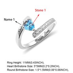 Personalized Heart Birthstone Ring With Engraving Silver Open Ring For Valentine's Day Promise, Valentine's Day Promise Ring With Open Design, Valentine's Day Promise Ring With Open Shape, White Gold Rings For Valentine's Day Birthday, White Gold Rings For Birthday And Valentine's Day, Stackable Promise Rings For Valentine's Day, Anniversary Rings With Accent Stones And Open Design, Anniversary Stackable Open Bypass Ring, Stackable Bypass Ring For Anniversary