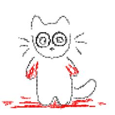 a drawing of a cat with glasses on it's face and eyes drawn in red ink