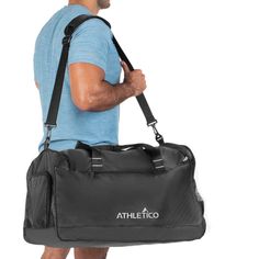 Athletico Sideline Soccer Duffel - large 64L capacity, 25" duffle bag with separate cleats compartment, large side pockets, interior pouch, tote handles, and shoulder strap. Ripstop oxford and waterproof tarpaulin bottom for max durability. Features: LARGE MAIN COMPARTMENT - The 64L interior is large enough for 1-2 balls, shoes, clothes, towel, and more. Includes interior zippered pocket to keep smaller things like your phone, wallet, or keys easy to find. SEPARATE CLEAT COMPARTMENT - The zipper Rectangular Black Bag For Sports Events, Practical Black Bag For Sports Events, Functional Nylon Bag For Sport, Functional Black Duffle Bag For Sports Events, Black Nylon Weekender Bag For Sports, Sporty Black Weekender Bag For Outdoor Activities, Sporty Black Weekender Bag For Outdoor, Sporty Durable Black Duffle Bag, Durable Black Duffle Bag For Outdoor Activities