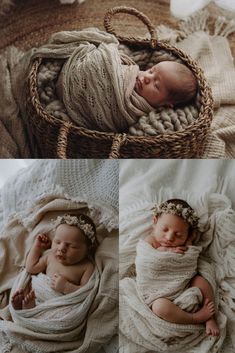 two photos of a baby sleeping in a basket and then being wrapped up with a blanket