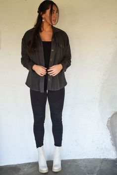 Our Ali Shacket is our softest shacket yet! We are in love with the shacket trend. Pair this shacket with a black tank, black jeans and some lug boots and tackle fall in style! Features: Brushed french terry fabric Collared neckline Button up front Chest flap pocket Dropped dolman sleeves Small : bust 50” length 26.5” Medium : bust 52” length 28.5” Large : bust 54" length 30.5" Model is wearing a small. Height 5'8", Bust 35", Waist 28.5", Hip 34.5" Fabric content: 80% polyester 20% cotton Lug Boots, Terry Fabric, French Terry Fabric, Fabric Collars, Large Bust, Black Tank, Small Bust, Dolman Sleeve, Flap Pocket