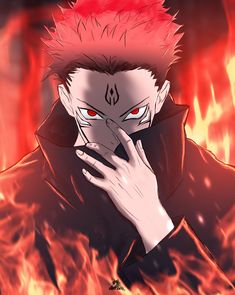 an anime character with red hair holding his hand to his face in front of fire