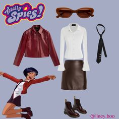 an image of some clothes and accessories for the character mary spiez from back to the future