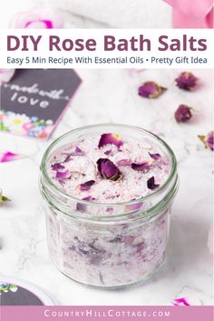 Bath Salt Packaging Ideas Homemade Gifts, Home Made Bath Salts, Bath Salts Packaging Ideas, Rose Bath Salts Recipe, Rose Bath Salts Diy, Rose Bath Salt, Homemade Bath Salts Recipe, Floral Bath Soak, Herbal Bath Soak