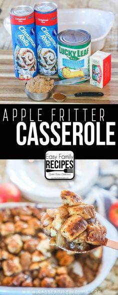 an apple butter casserole is being held up by a spoon